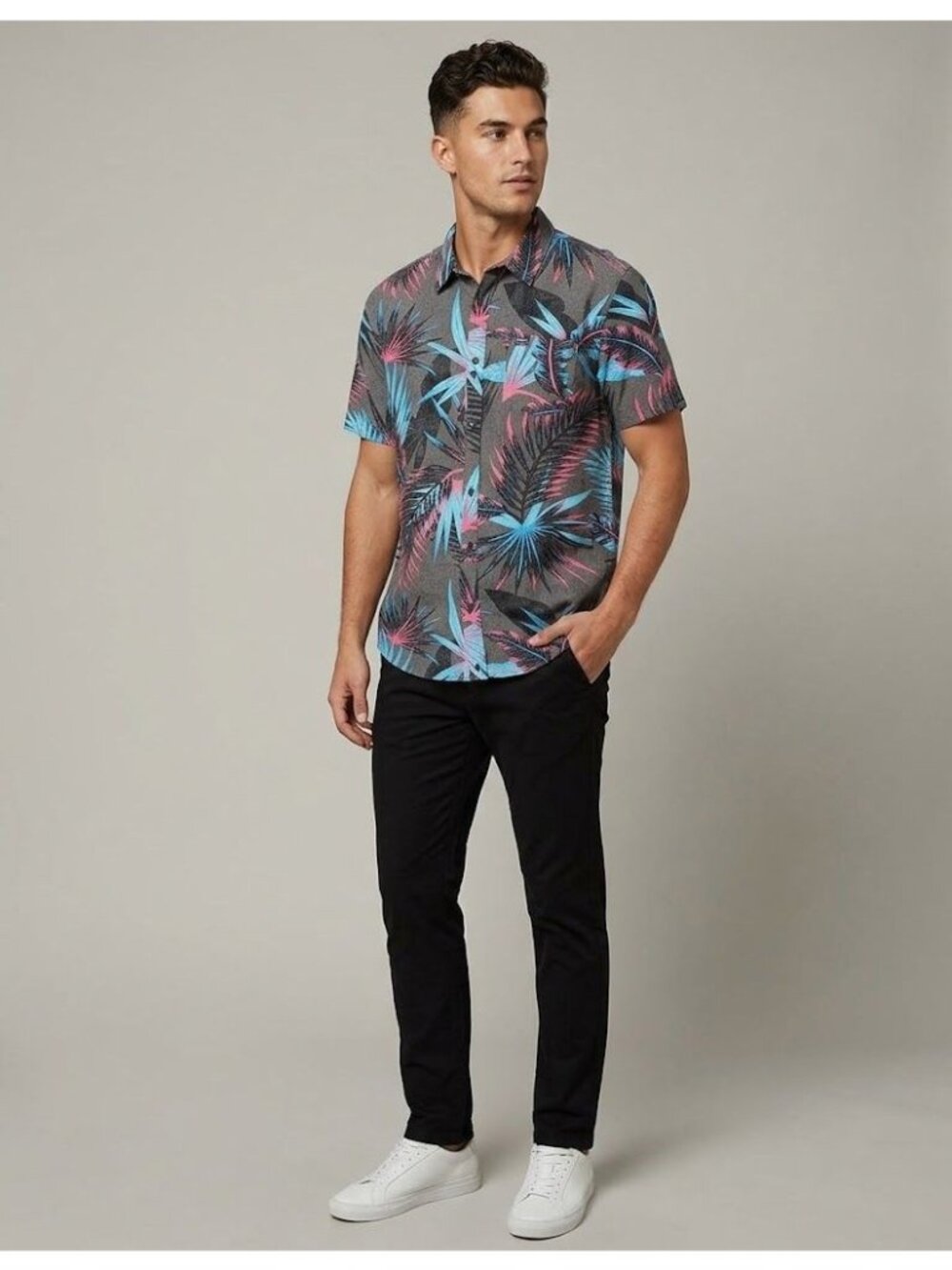 O'Neill Mens XL Gray Tropical Palm Leaf Shirt Rayon Blend Short Sleeve Button Up